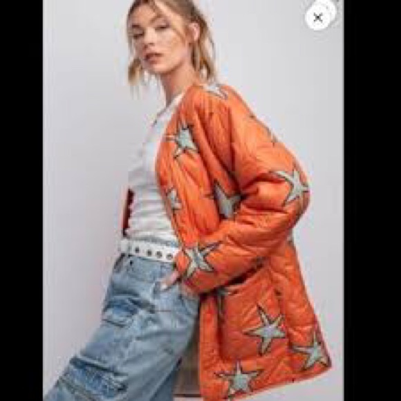 EASEL Sherpa teddy fuzzy reversible orange Star Cozy Beige Embroidered Dog Coat - Picture 2 of 5